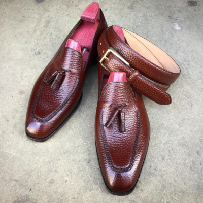 Handmade Men Brown Grain Leather Tassel Loafers Dress Shoes with Matching Belt