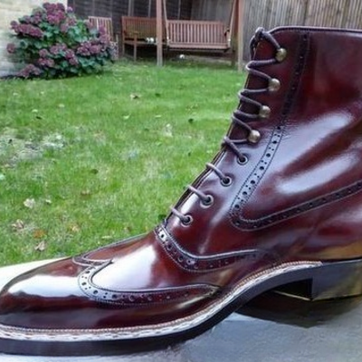 Handmade men burgundy leather ankle high lace up wingtip balmoral dress boot