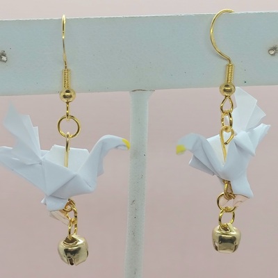 Origami dove earrings: white fantail with bell