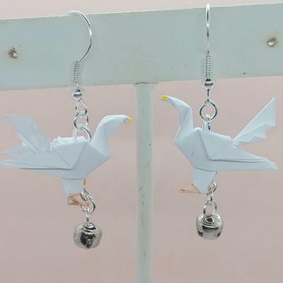 Origami dove earrings: white fantail with bell