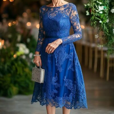 Simple royal blue a line lace tea-length mother of the bride/groom dress evening formal dress