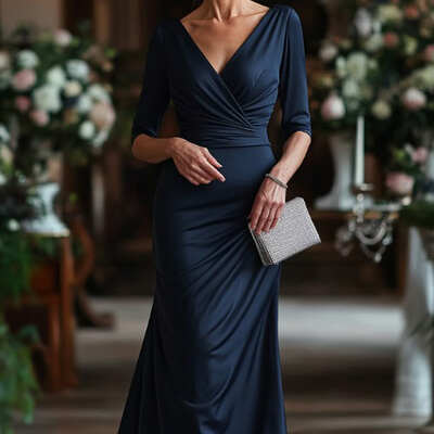 Navy blue sheath v neck satin mother of the bride/groom dress evening formal dress