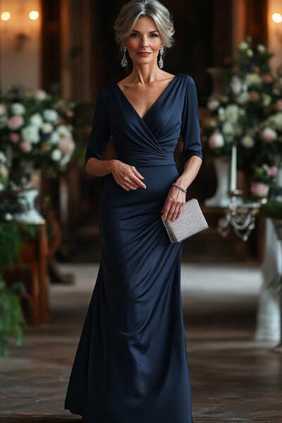 Navy Blue Sheath V Neck Satin Mother of the Bride/Groom Dress Evening Formal Dress
