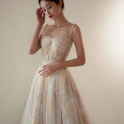 A-line embroidered flowers tulle prom dress - Thumbnail 3