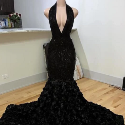 Halter neck mermaid black sequin evening dress with 3d flower 