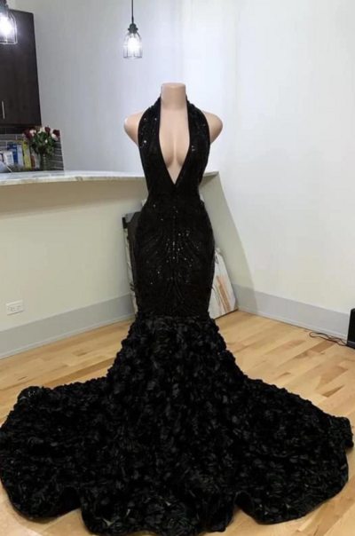Halter Neck Mermaid Black Sequin Evening Dress With 3D Flower 
