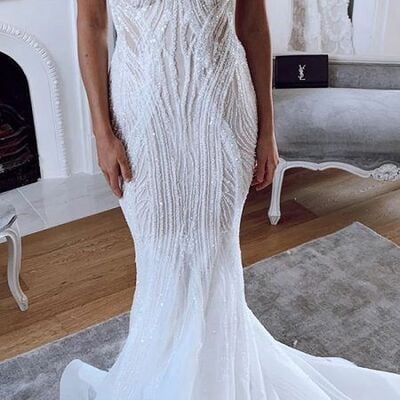 Luxury bling wedding dress, off the shoulder wedding gown, side slit appliques bridal dress - Thumbnail 2