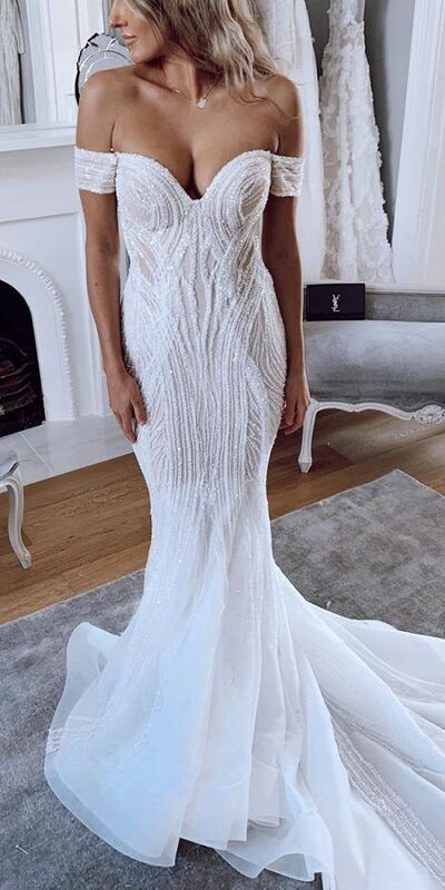 Luxury Bling Wedding Dress, Off the Shoulder Wedding Gown, Side Slit Appliques Bridal Dress