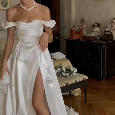 Simple wedding dress, off the shoulder wedding gown, side slit appliques bridal dress