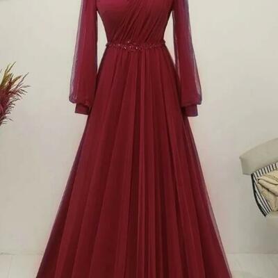A line high neck long tulle appliques full sleeve muslim burgundy prom dress，1919