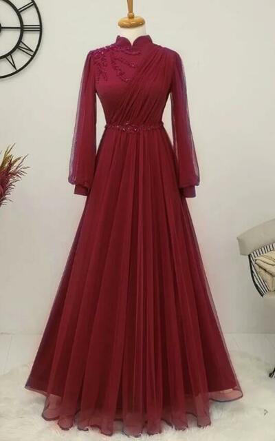 A Line High Neck Long Tulle Appliques Full Sleeve Muslim Burgundy Prom Dress，1919