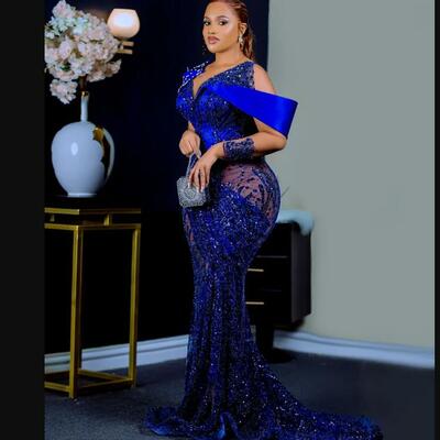 Royal blue aso ebi prom dresses sheer neck long sleeves mermaid beaded lace evening gowns formal gown illusion sweep train birthday dress