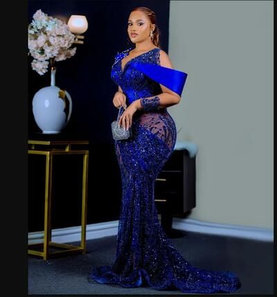 Royal Blue Aso Ebi Prom Dresses Sheer Neck Long Sleeves Mermaid Beaded Lace Evening Gowns Formal Gown Illusion Sweep Train Birthday Dress