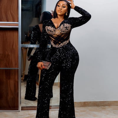 Plus size black jumpsuits prom jumpsuits for special occasions evening jumpsuit elegant long sleeves sequined lace birthday party jumpsuit