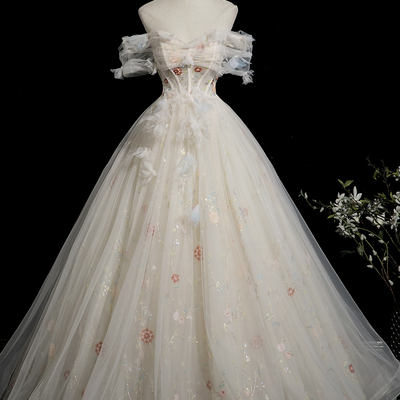 Champagne tulle beads long prom dress, beautiful a-line party dress - Thumbnail 1