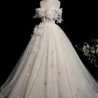 Champagne Tulle Beads Long Prom Dress, Beautiful A-Line Party Dress - Thumbnail 1