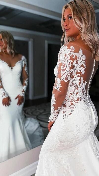 Plus Size Lace Wedding Dress, Mermaid Wedding Gown Bridal Dress