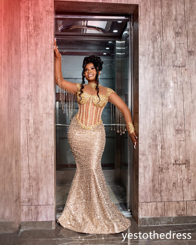 Luxury Gold Prom Dresses for Black Women Promdress Illusion Sheer Neck Long Sleeves Beading Tassel Sequined Lace Birthday Dress