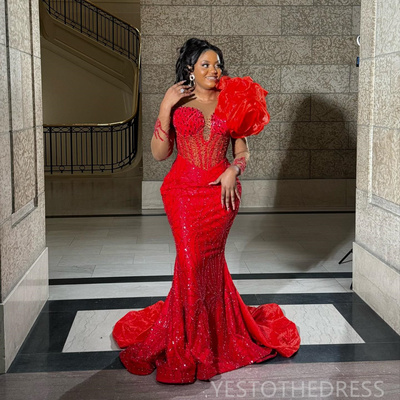 Prom dresses for special occasions red mermaid illusion long sleeves promdress beaded lace birthday dress second