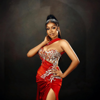 Red Evening Dresses Prom Dress for Special Occasions Promdress One Shoulder Velvet Appliqued Beaded Lace Side Split Birthday Party Dress  - Thumbnail 1