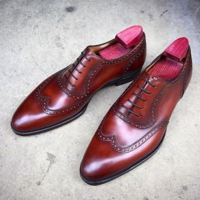 Handmade men brown leather wingtip oxford lace up dress shoes - Thumbnail 1