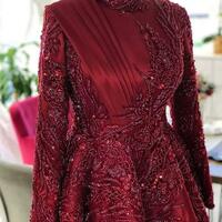 Burgundy Luxurious Muslim Prom Dresses Lace Beaded Evening Formal Party Second Reception Gowns Dress - Thumbnail 1