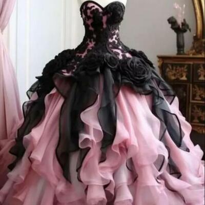 Ruffles black and pink ball gown prom dresses sweetheart neckline sleeveless floor length boutique special occasion gown back lace-up
