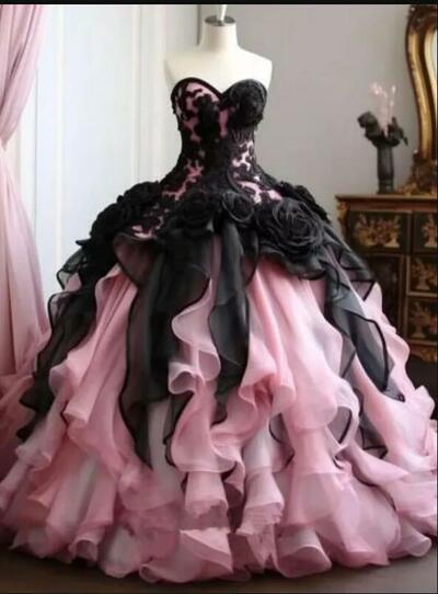 Ruffles Black And Pink Ball Gown Prom Dresses Sweetheart Neckline Sleeveless Floor Length Boutique Special Occasion Gown Back Lace-up