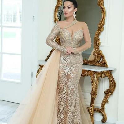 Sparkly luxury lace mermaid evening dresses beaded appliqued long sleeves sheer neck prom dresses vintage customize formal party gowns