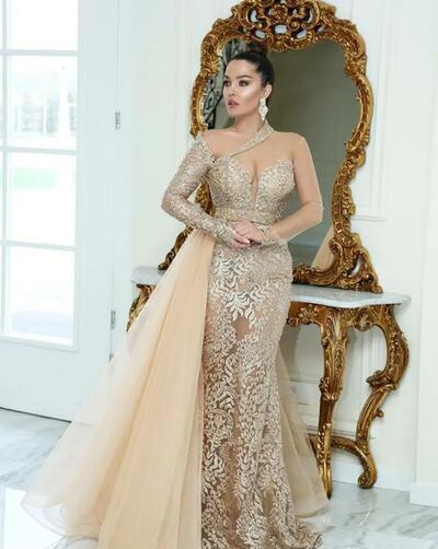 Sparkly Luxury Lace Mermaid Evening Dresses Beaded Appliqued Long Sleeves Sheer Neck Prom Dresses Vintage Customize Formal Party Gowns