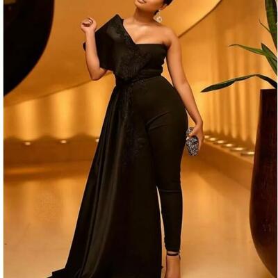 Graceful jumpsuits plus size v neck evening dresses one shoulder lace appliqued custom made prom dress pantsuits robe de mariée