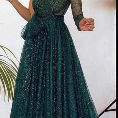 Green a line one shoulder sequins lace prom dress evening formal dress