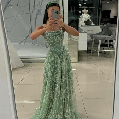Elegant sage green luxury arabic evening prom dress for women party spaghetti straps 2025 new customized vestido de noite