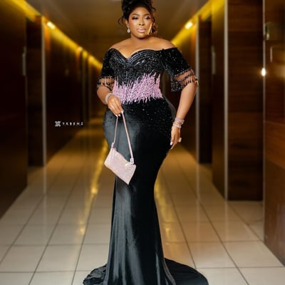 Prom dresses for black women evening formal gowns off shoulder promdress beaded lace beading tassel pearls decorated 