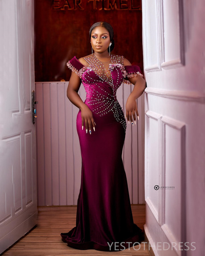Classic Aso Ebi Prom Dresses for Special Occasions Illusion Promdress Bright Rustrose Velvet Beaded Tulle Crystals Decorated Birthday Reception