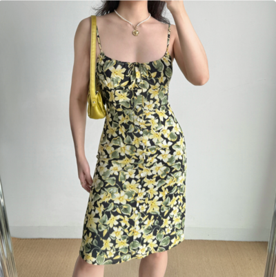 Women's summer mid-length printed suspender skirt