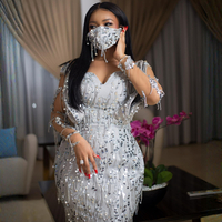 Silver Luxury Nigeria Cocktail Dresses African Arabic T Length Short Prom Dresses Long Sleeves Beading Lace Formal Dress for African  - Thumbnail 1