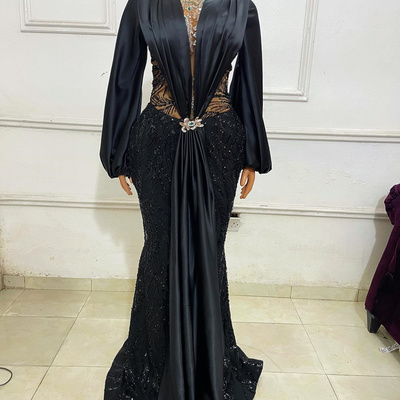 Prom dresses illusion evening dresses elegant long sleeves beaded lace rhinestones decorate formal gowns