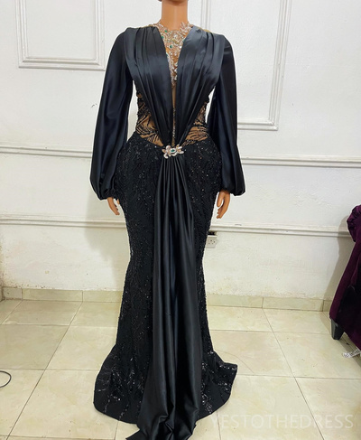 Prom Dresses Illusion Evening Dresses Elegant Long Sleeves Beaded Lace Rhinestones Decorate Formal Gowns