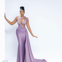 Lavender Evening Dresses Elegant Sheer Neck One Shoulder Illusion Prom Dresses Mermaid Appliqued Beaded Lace Birthday Dress Dinner Gowns - Thumbnail 1