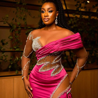 Fuchsia Prom Dresses for Special Occasions Black Women Promdress Evening Gowns Illusion Mermaid Long Sleeves Side Split Rhinestones  - Thumbnail 1