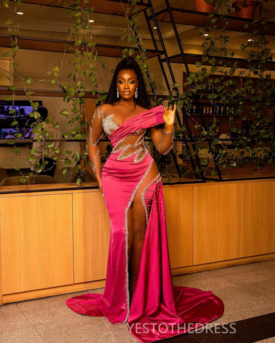 Fuchsia Prom Dresses for Special Occasions Black Women Promdress Evening Gowns Illusion Mermaid Long Sleeves Side Split Rhinestones 