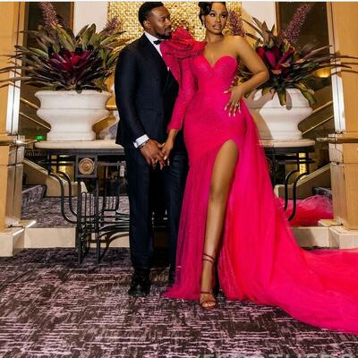 Prom dress mermaid promdress formal dresses for women one shoulder sexy side split sequined lace birthday dress second reception