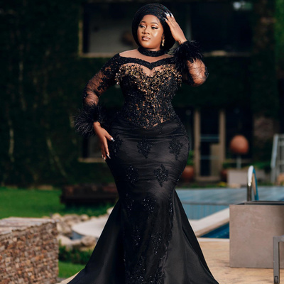 Prom dresses for african women promdress high neck feathered long sleeves beaded appliqued lace birthday dress second reception gowns