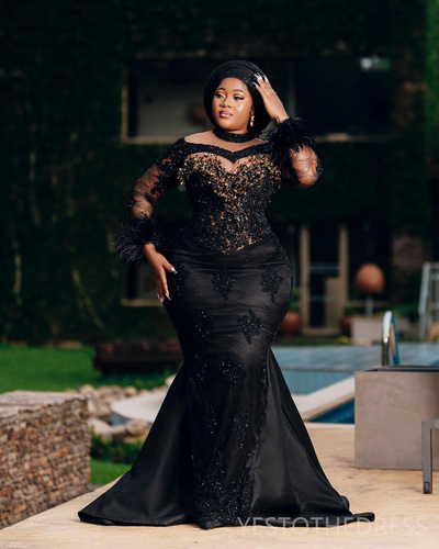 Prom Dresses for African Women Promdress High Neck Feathered Long Sleeves Beaded Appliqued Lace Birthday Dress Second Reception Gowns