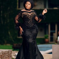 Prom Dresses for African Women Promdress High Neck Feathered Long Sleeves Beaded Appliqued Lace Birthday Dress Second Reception Gowns - Thumbnail 2