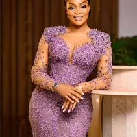 Lanvender Plus Size Prom Dresses for Special Occasions Promdress Sheer Neck Long Sleeves Beaded Lace Birthday Party Dress - Thumbnail 1