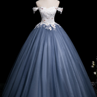 White Flowers and Blue Tulle Long Prom Dress, A-Line Off the Shoulder Party Dress - Thumbnail 4