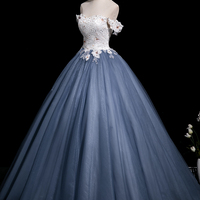 White Flowers and Blue Tulle Long Prom Dress, A-Line Off the Shoulder Party Dress - Thumbnail 1