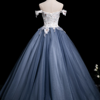 White Flowers and Blue Tulle Long Prom Dress, A-Line Off the Shoulder Party Dress - Thumbnail 3